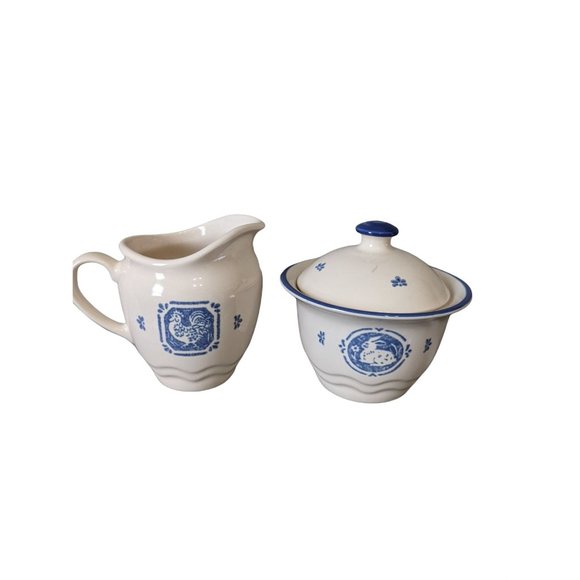 Maison Blue by PFALTZGRAFF cream and covered sugar bowl set blue white Rooster - Picture 6 of 11
